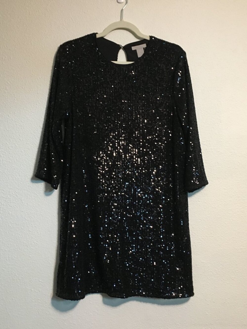 H&M Black Sequin 3/4 Sleeve Shift Dress Medium EUC